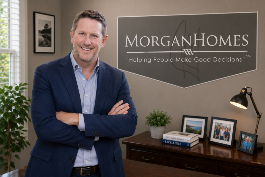 Drew Morgan, Corporate Broker of MorganHomes, standing confidently in the company's office, reflecting the leadership and trusted guidance behind the "Helping People Make Good Decisions" philosophy.