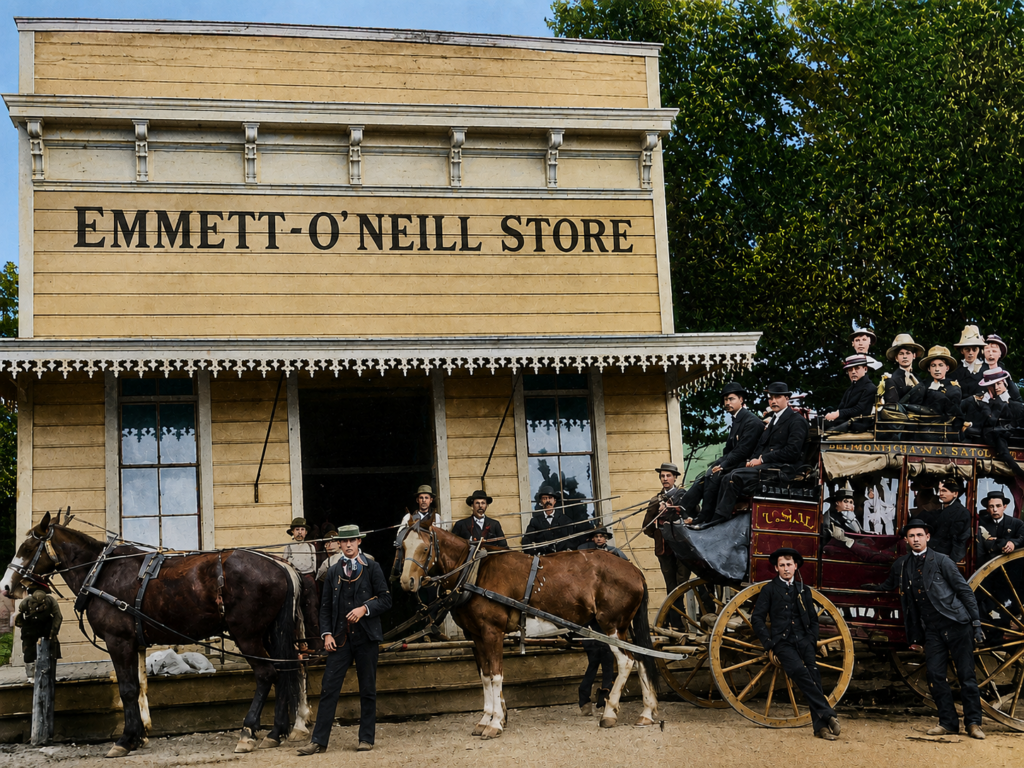 Historic stagecoach at the Emmett-O’Neill Store in Belmont, California, before railroad travel transformed the Peninsula