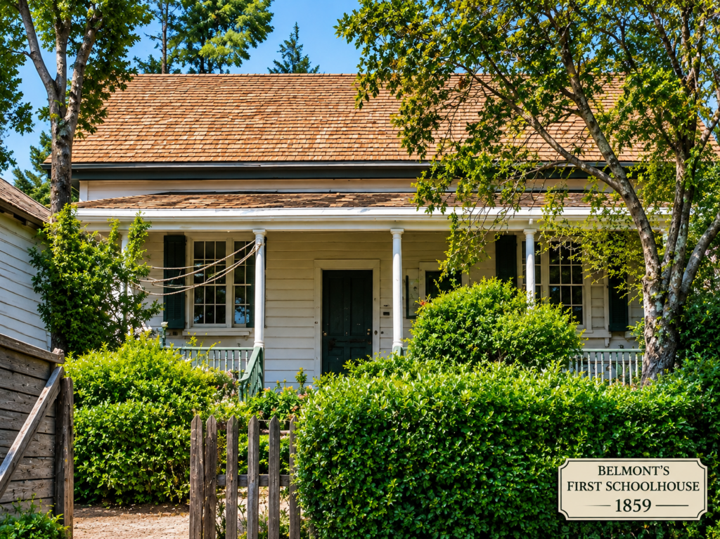 Colorized historic photo of Belmont's first schoolhouse, built in 1859, in Belmont, California.
