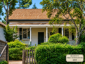 Colorized historic photo of Belmont's first schoolhouse, built in 1859, in Belmont, California.