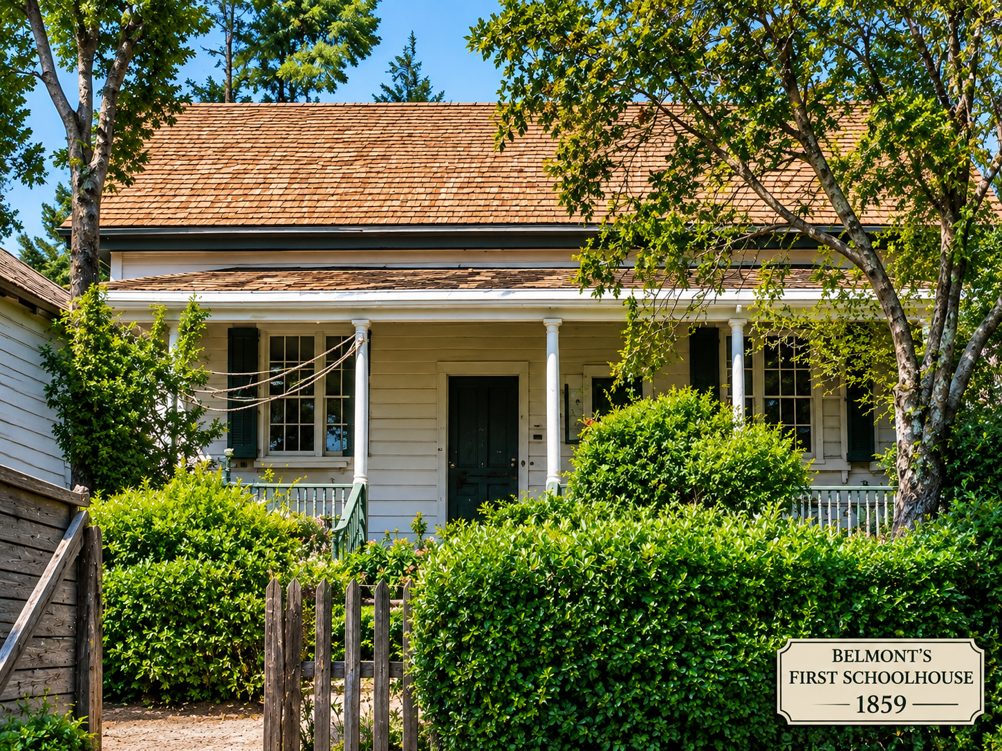 Colorized historic photo of Belmont's first schoolhouse, built in 1859, in Belmont, California.