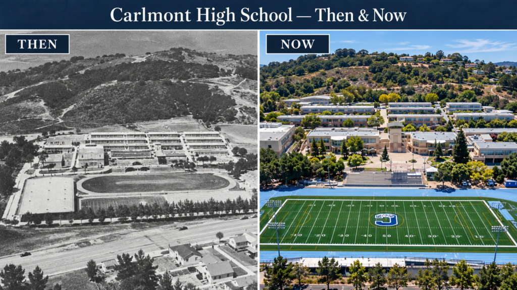 Carlmont High School in Belmont California then and now, showing the original 1953 campus and the modern school campus.