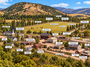 Colorized historical illustration of Belmont in 1885 showing El Camino Real, Southern Pacific Railroad, Old County Road, and early Belmont landmarks.