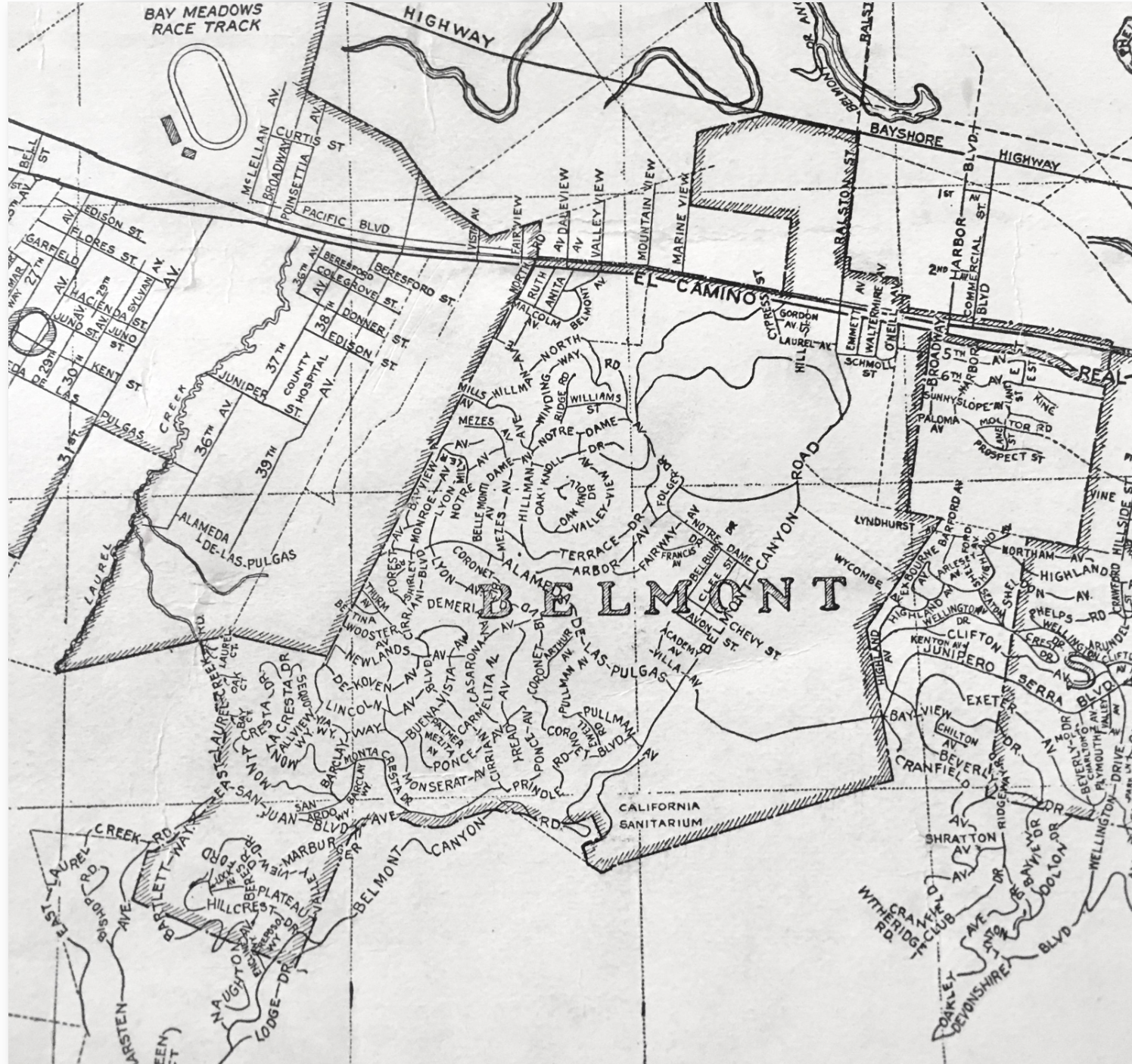 Historical map of Belmont, California, showing early streets and neighborhood development